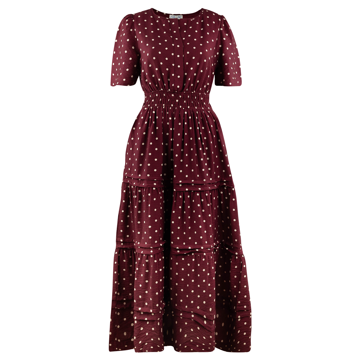 She + Sky Tiered Polka Dot Maxi Dress in Maroon