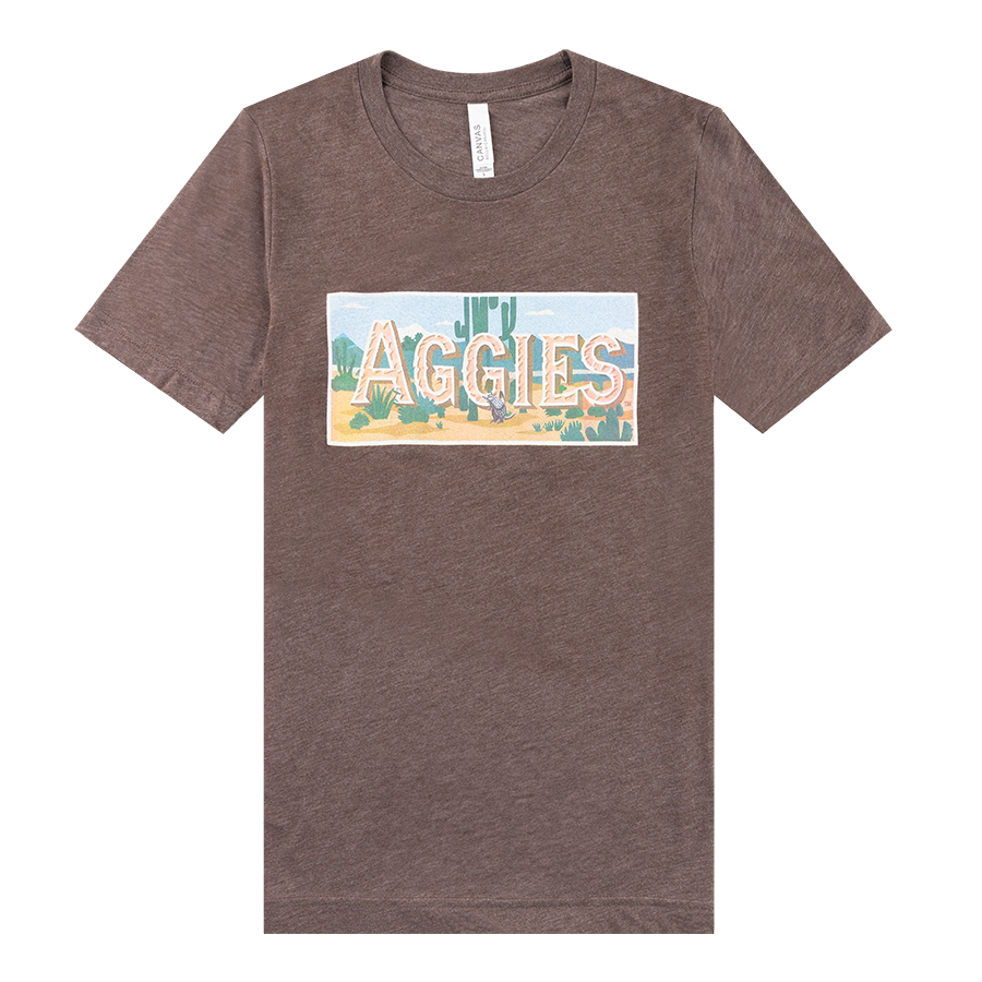 Brown t-shirt with 'AGGIES' against a desert background with an armadillo.