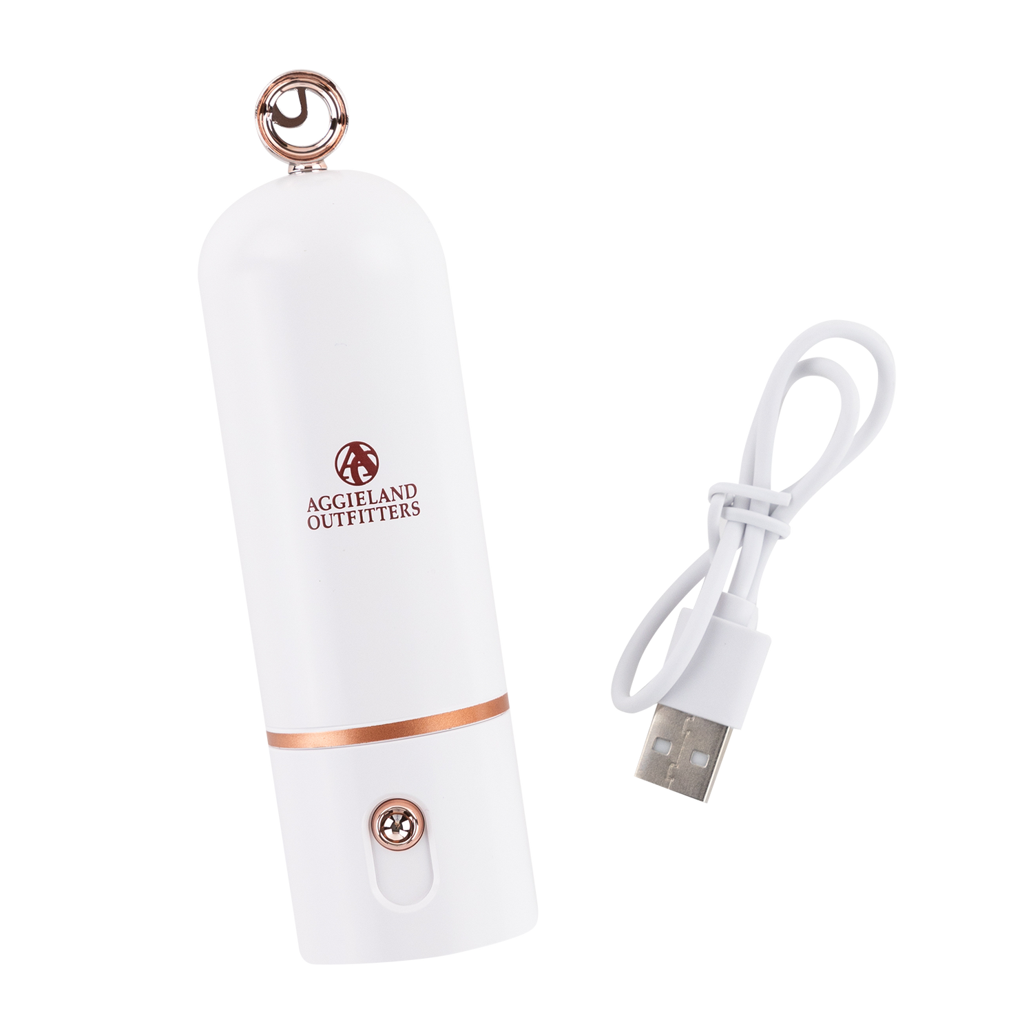 White handheld portable fan with "AGGIELAND OUTFITTERS" in maroon