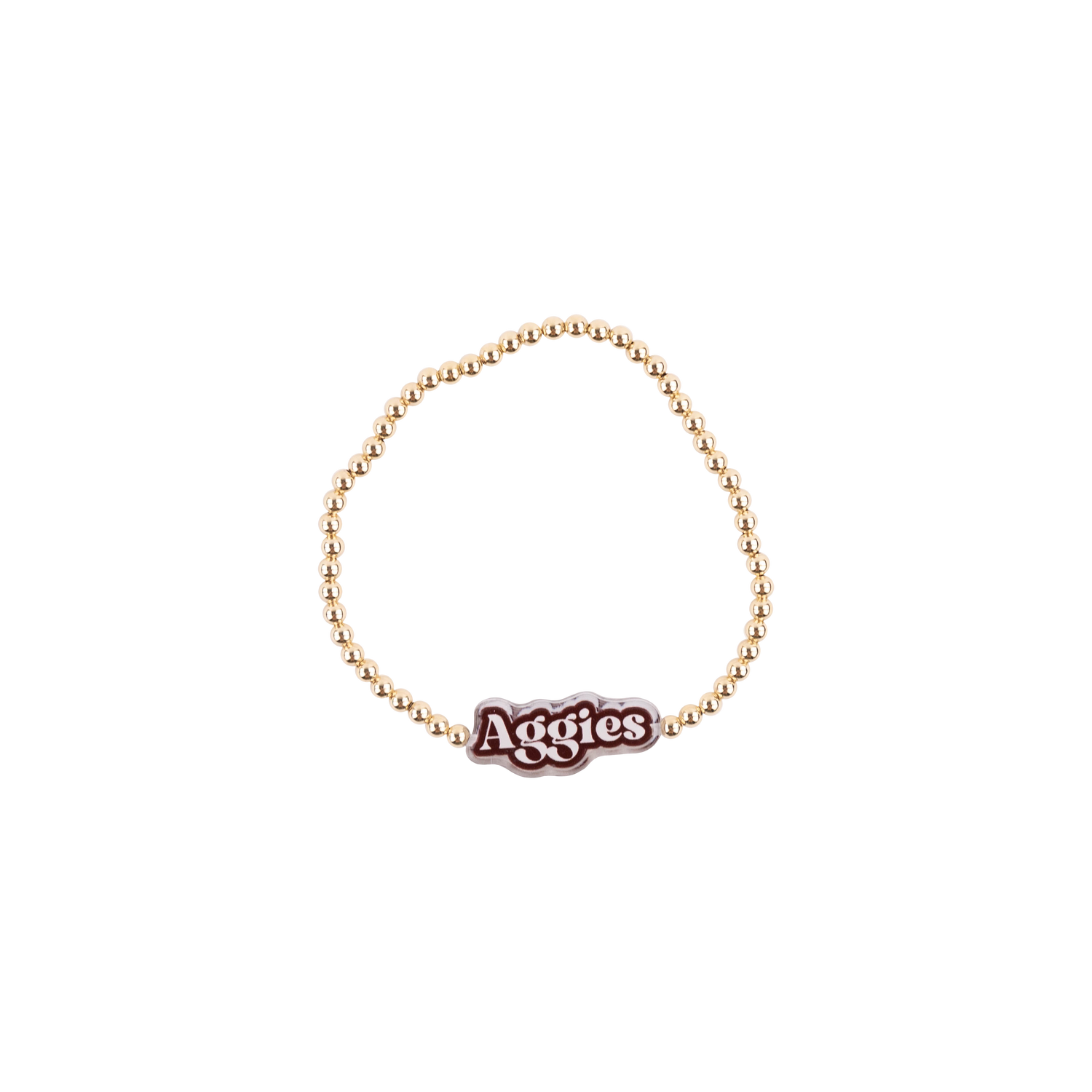 gold beaded stretch bracelet with "Aggies" charm