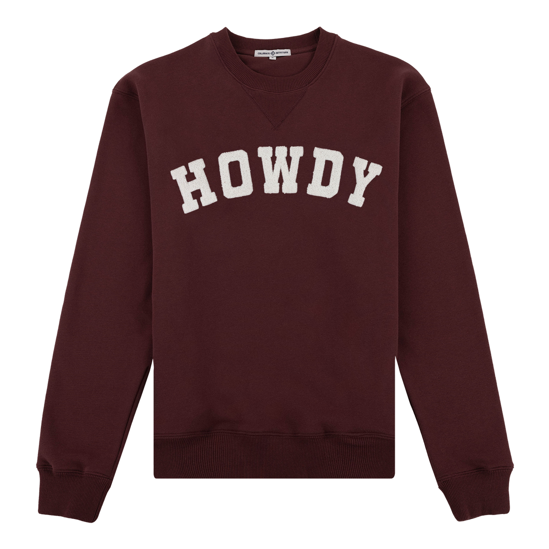Maroon sweatshirt with "HOWDY" in white with pockets