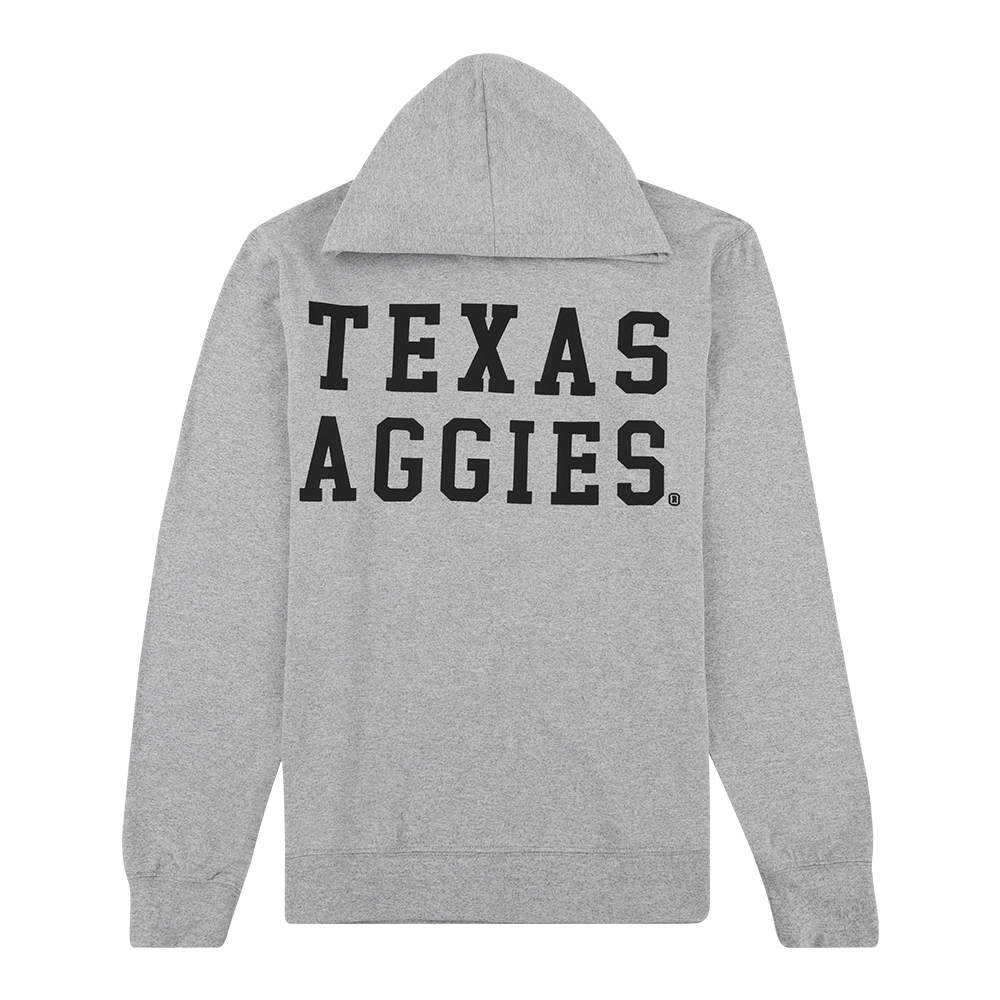 Gray t-shirt hoodie with "TEXAS AGGIES" in black
