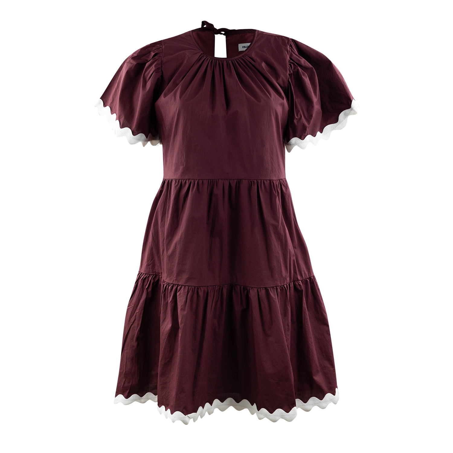 tiered burgundy dress Scalloped Trim Midi in Maroon and flattering seaming global-print_type-Animal Young Stylish Woman Wearing Sizes:S