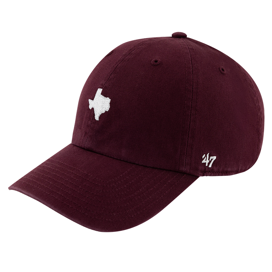 Maroon hat with white Texas state