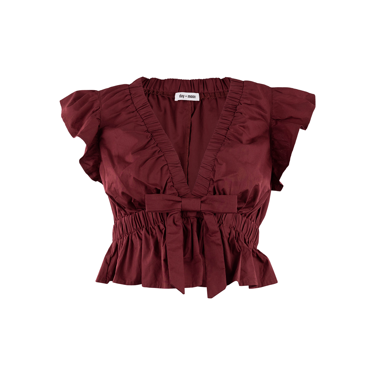 red ruffle neck blouse