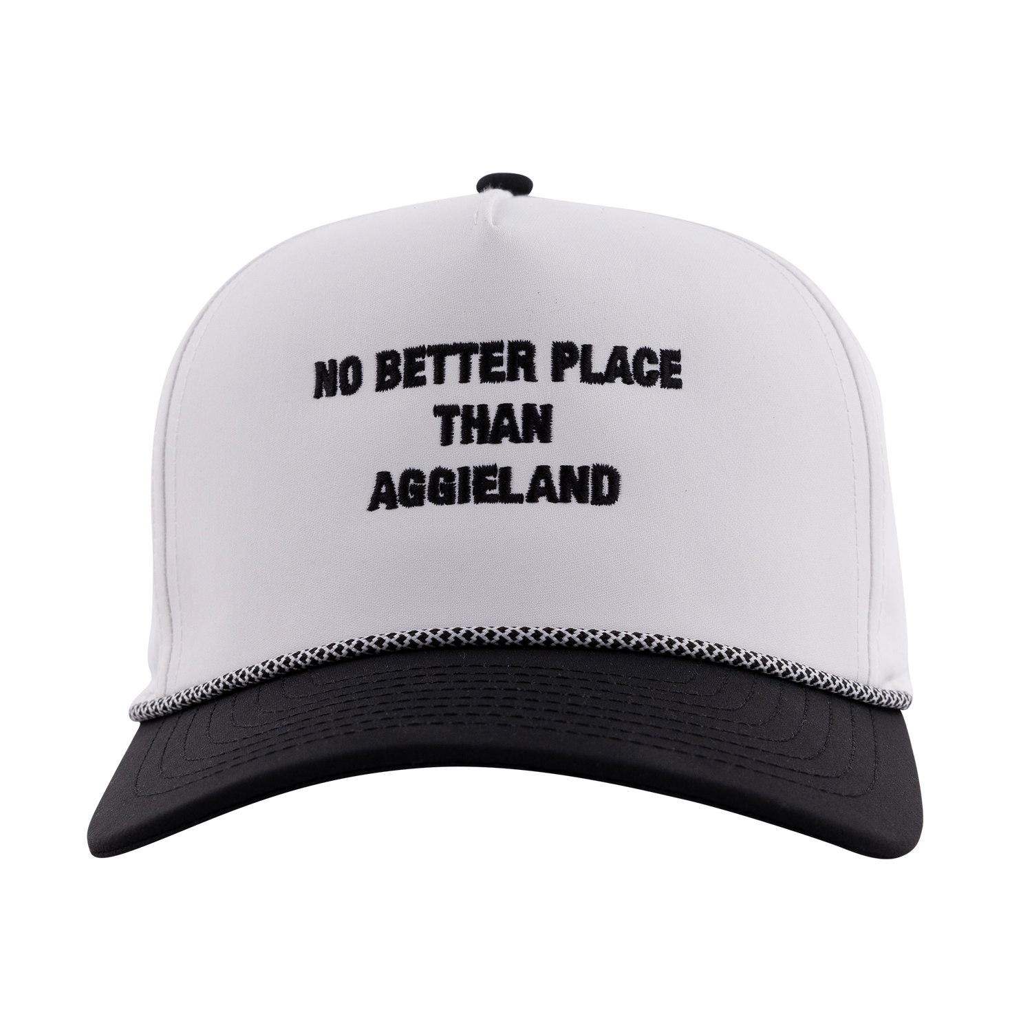 Hat hat with black brim and a rope on the brim. "NO BETTER PLACE THAN AGGIELAND" is in black on the front.