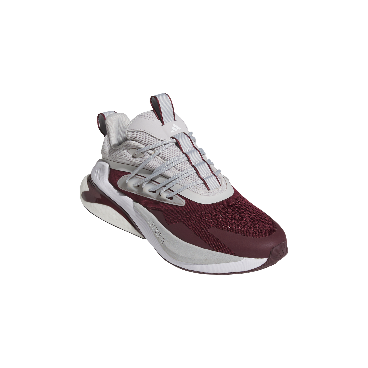 Gray and maroon Adidas AlphaBoost V2 shoes.