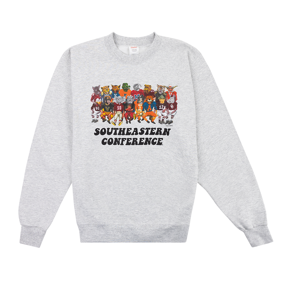 Light grey crewneck with mascots from each college in the southeastern conference printed on the front.