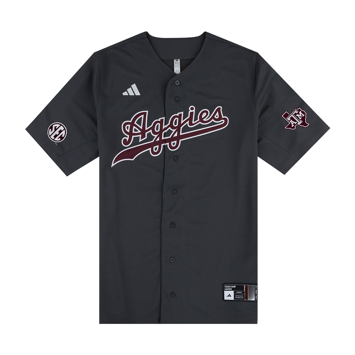 Script Aggies Adidas Dark Grey Baseball Replica Jersey - Aggieland