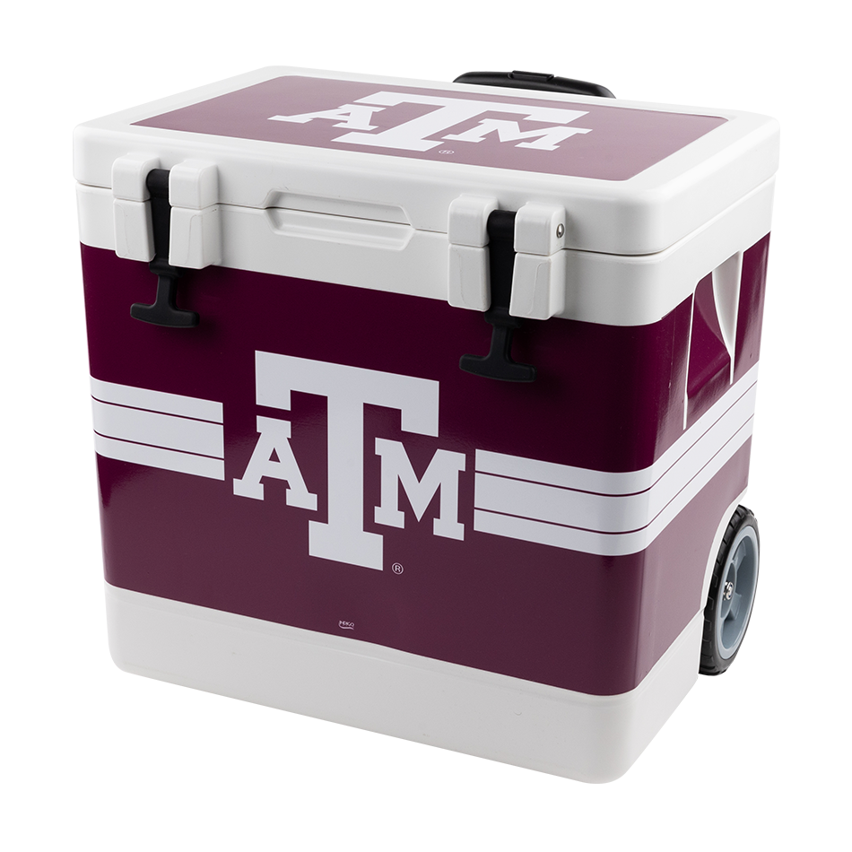 White cooler with Maroon ATM decals and wheels