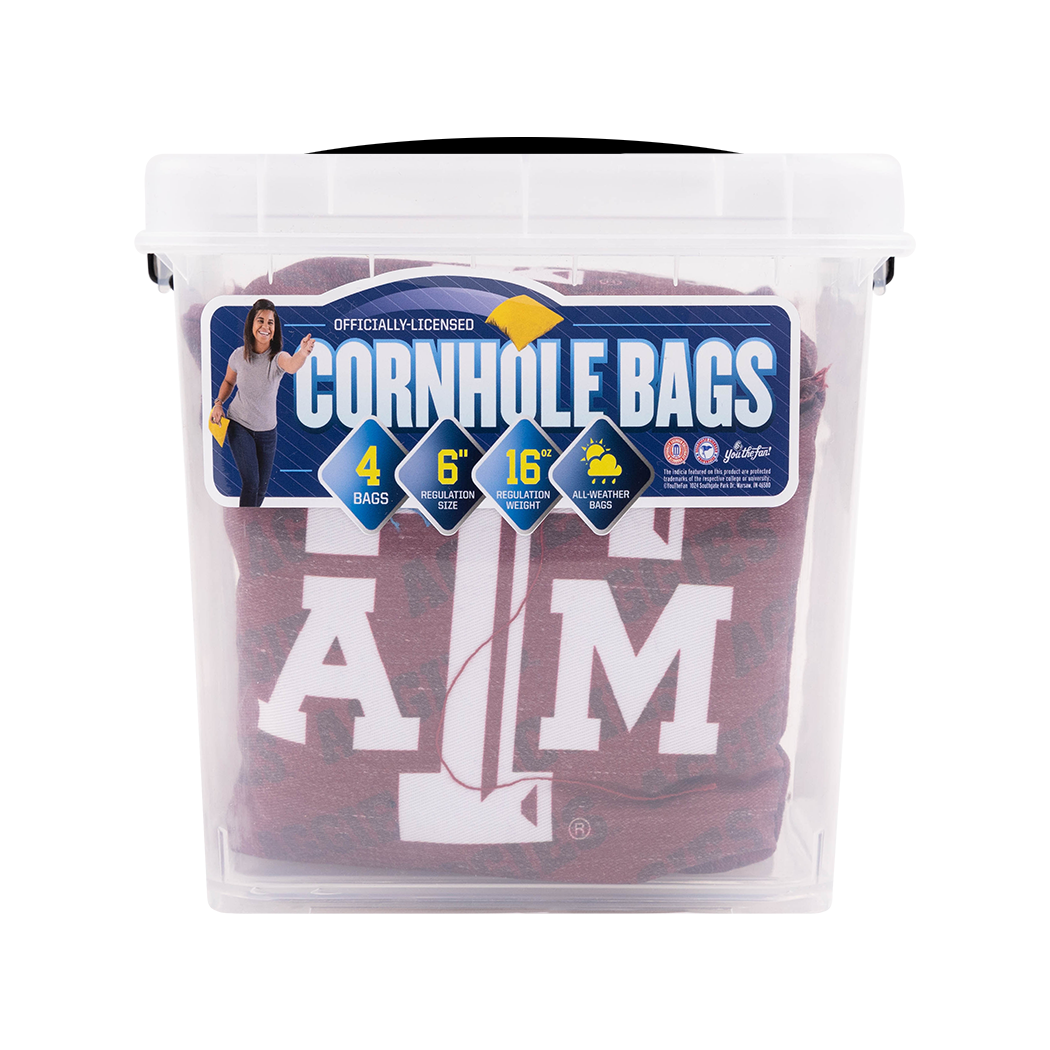 4 pack of maroon cornhole bags with the Texas A&M logo on he bags in white