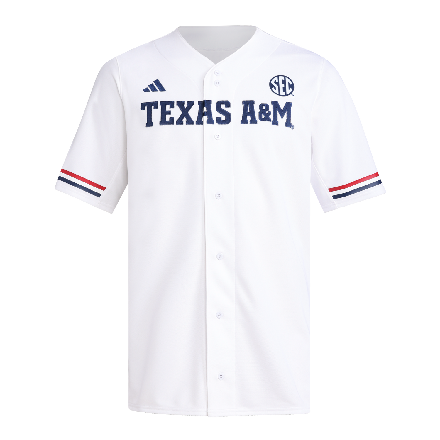 White baseball jersey with "TEXAS A&M" in blue with a red and blue stripe on the sleeves
