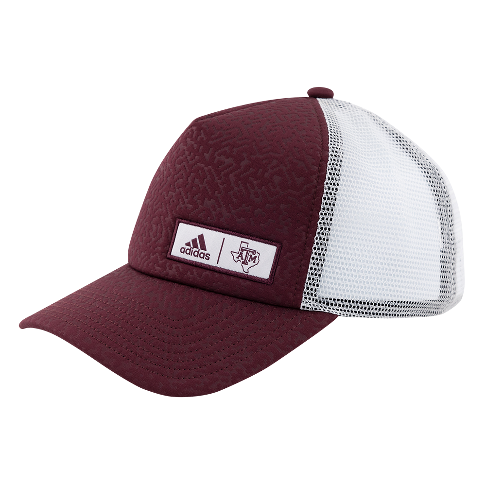 Maroon hat with white mesh backing. white patch with Texas A&M lonestar ATM logo