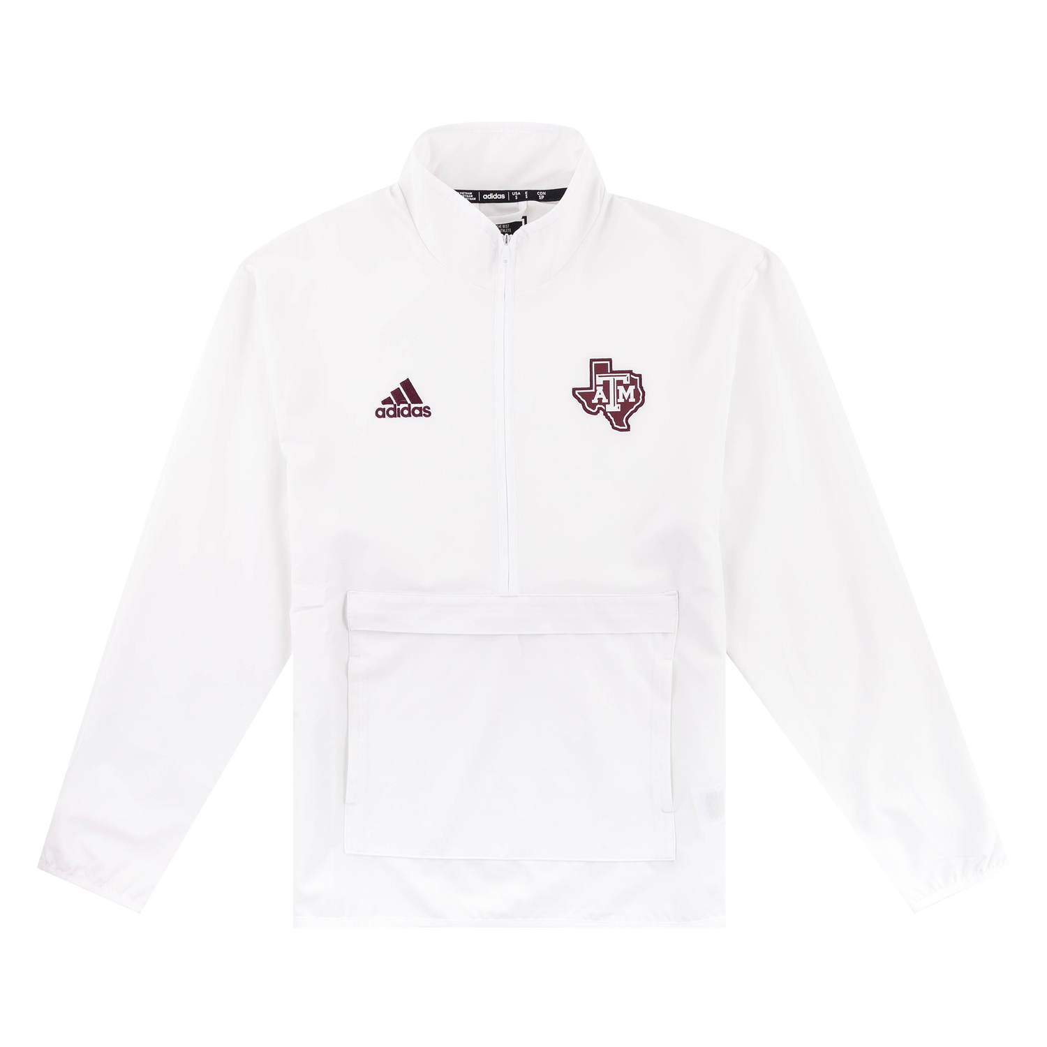 White quarter zip with pockets. Maroon Lonestar ATM logo on left side of the chest.