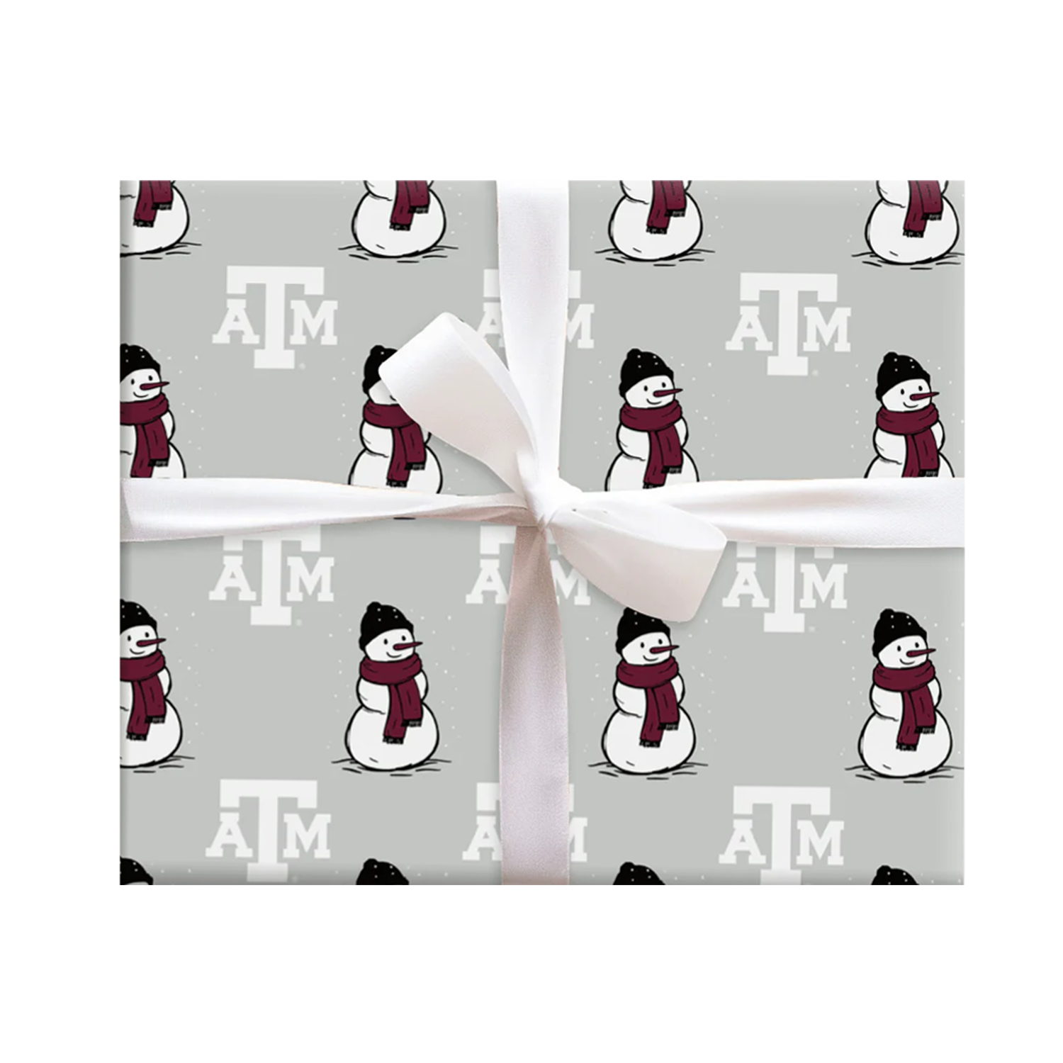 Sliver gift wrapping with a little snowman on it and the Texas A&M logo in white.