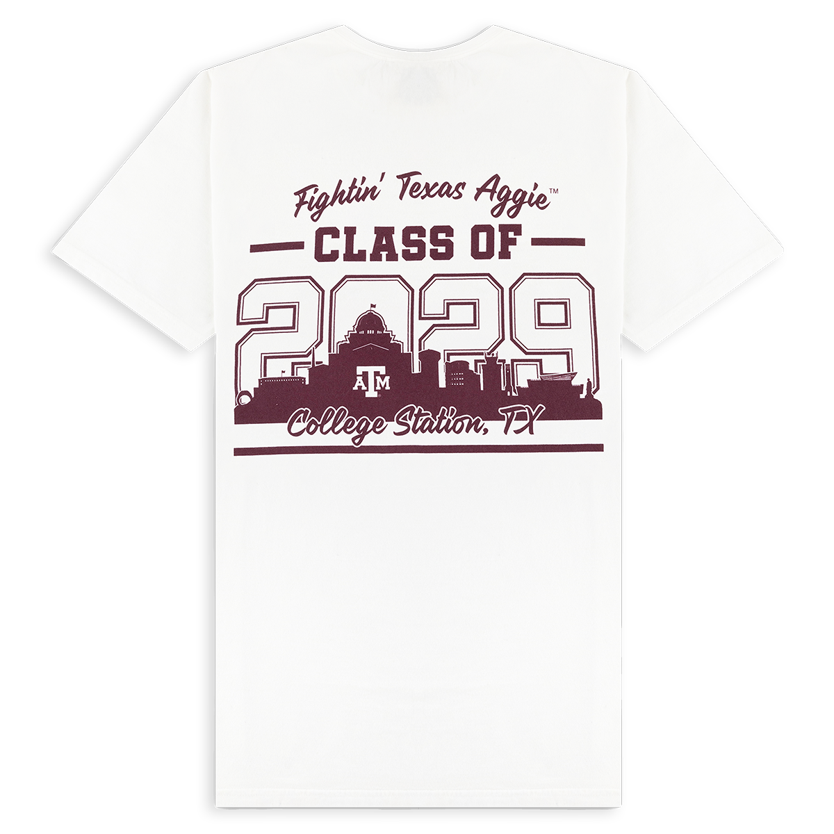 White T-Shirt with the Texas A&M skyline on the back in maroon and the class of 2029 in maroon on the front of the shirt on the upper left chest