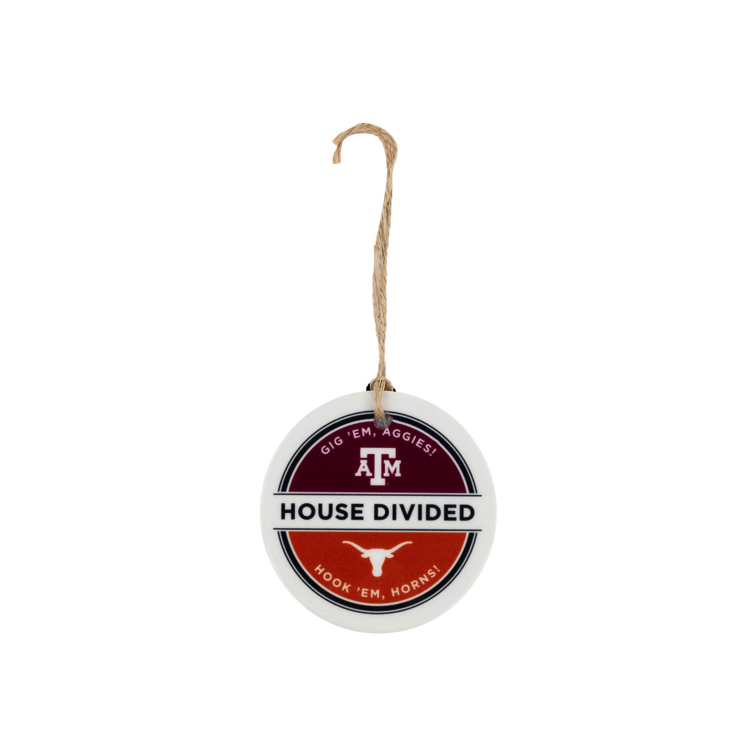 Decorative ornament with Texas A&M and Texas logos.