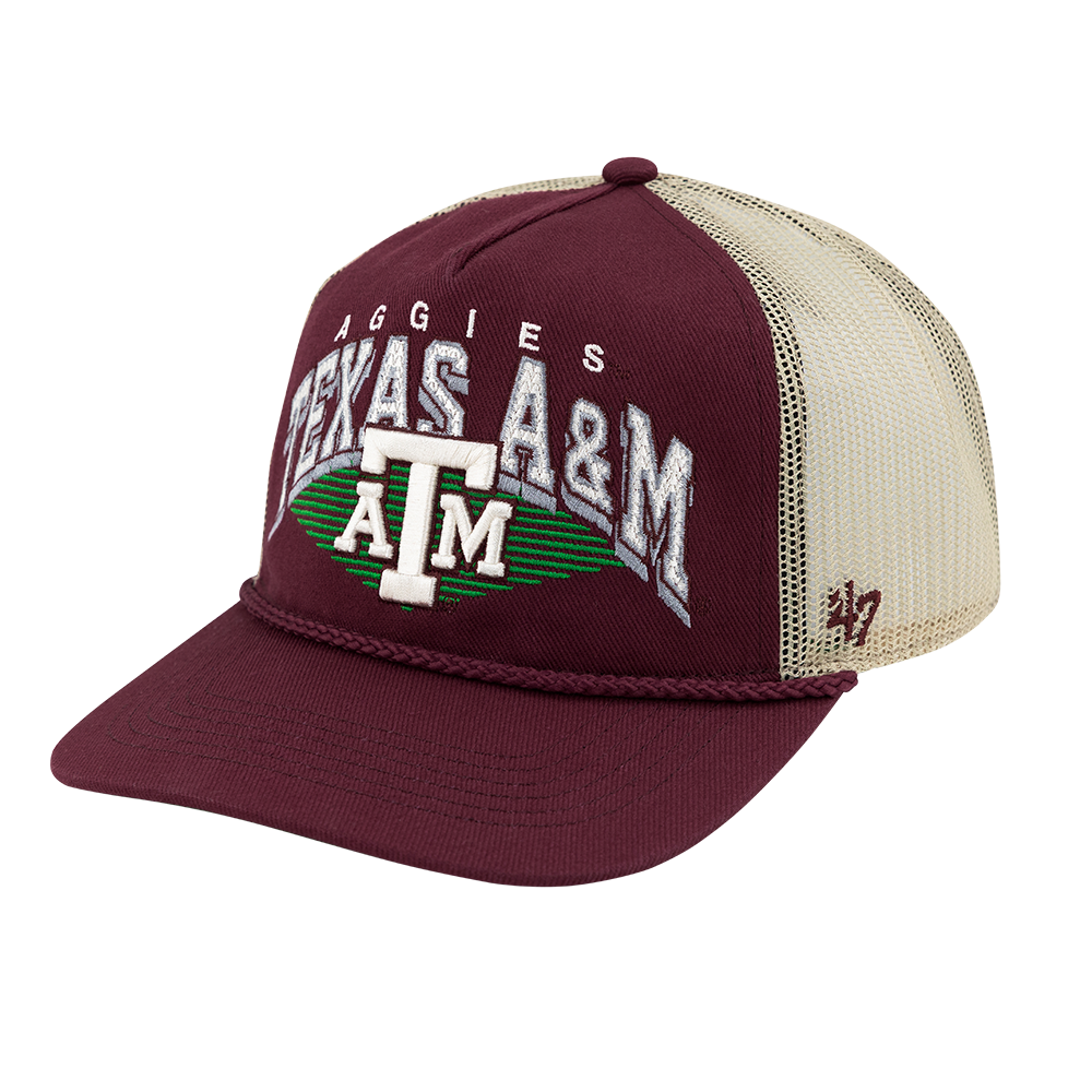 Maroon hat with "Texas A&M Aggies" and maroon rope with cream mesh back