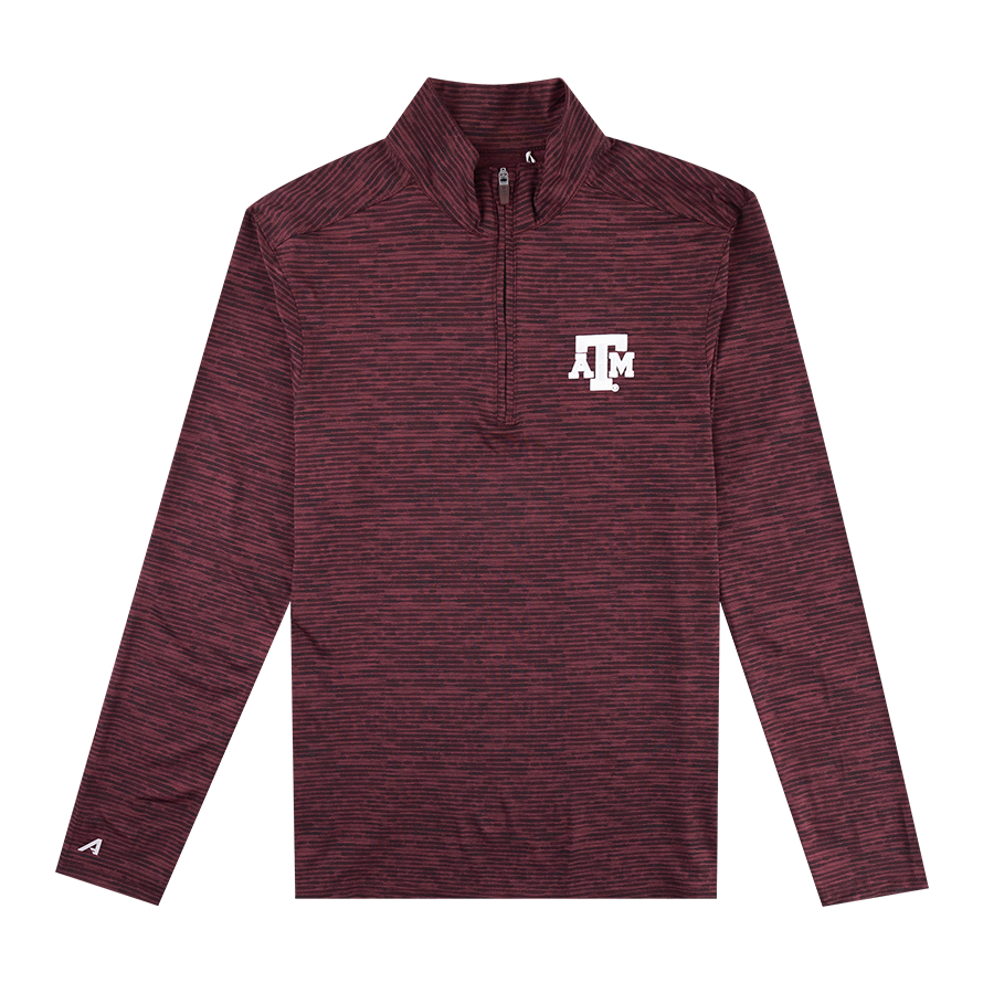 Maroon Antigua quarter zip with white ATM logo on the left side of the chest