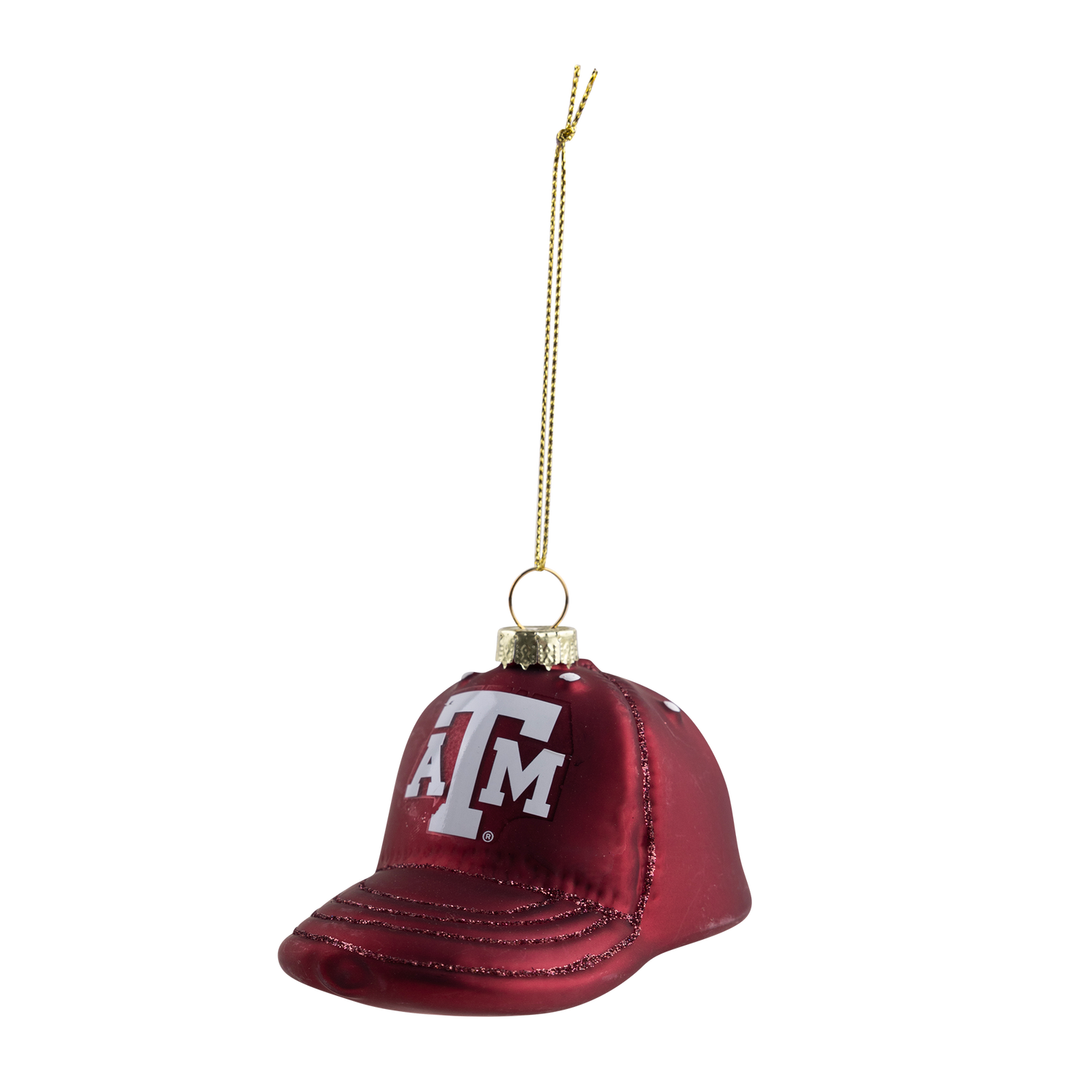 Maroon baseball cap ornament with white ATM logo