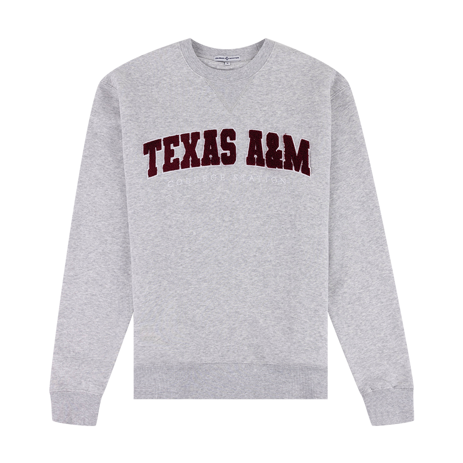 Gray sweatshirt with "TEXAS A&M COLLEGE STATION" in maroon and white