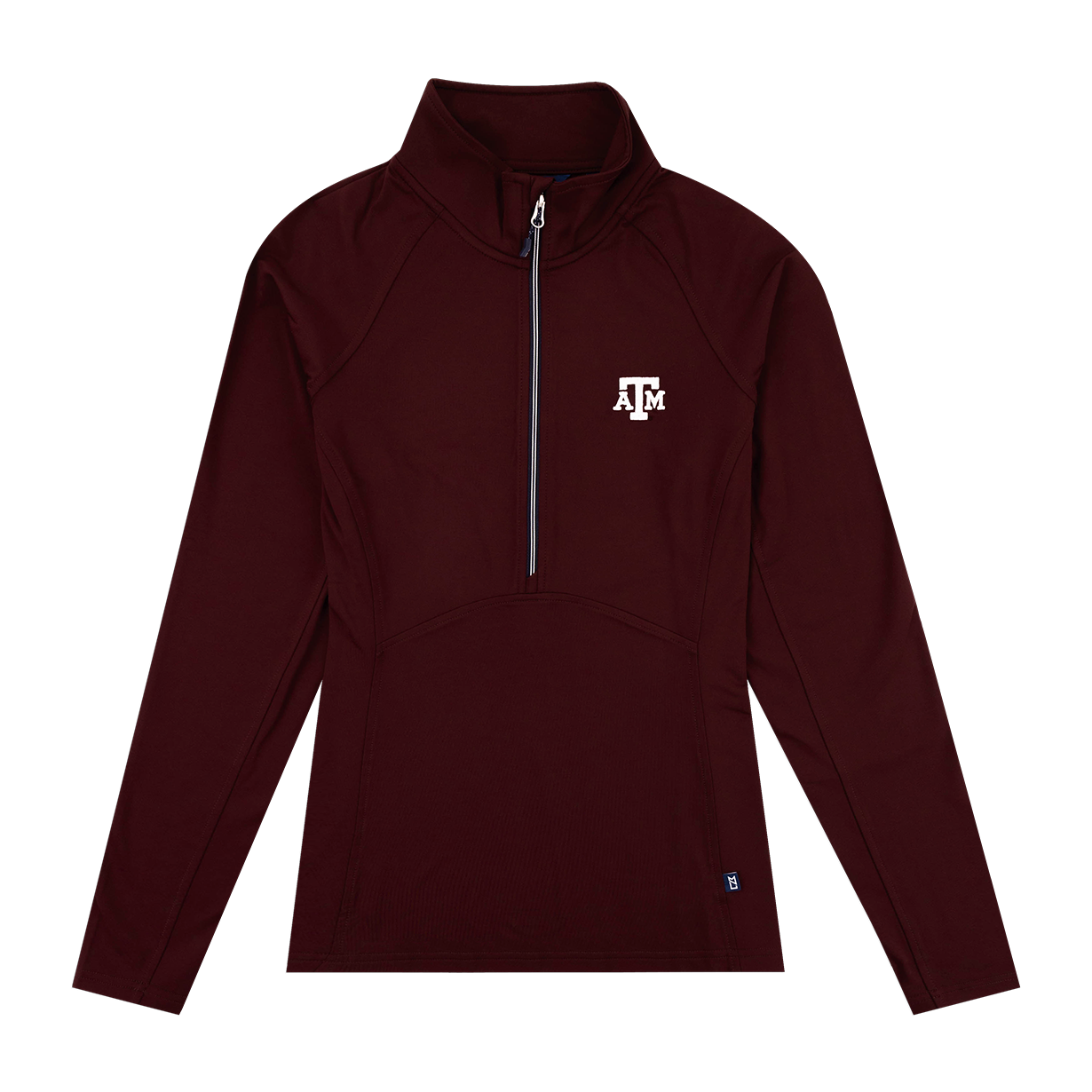 A maroon, long sleeve, half zip jacket. There is a white embroidered A&M logo located on the left side. The zipper is silver.