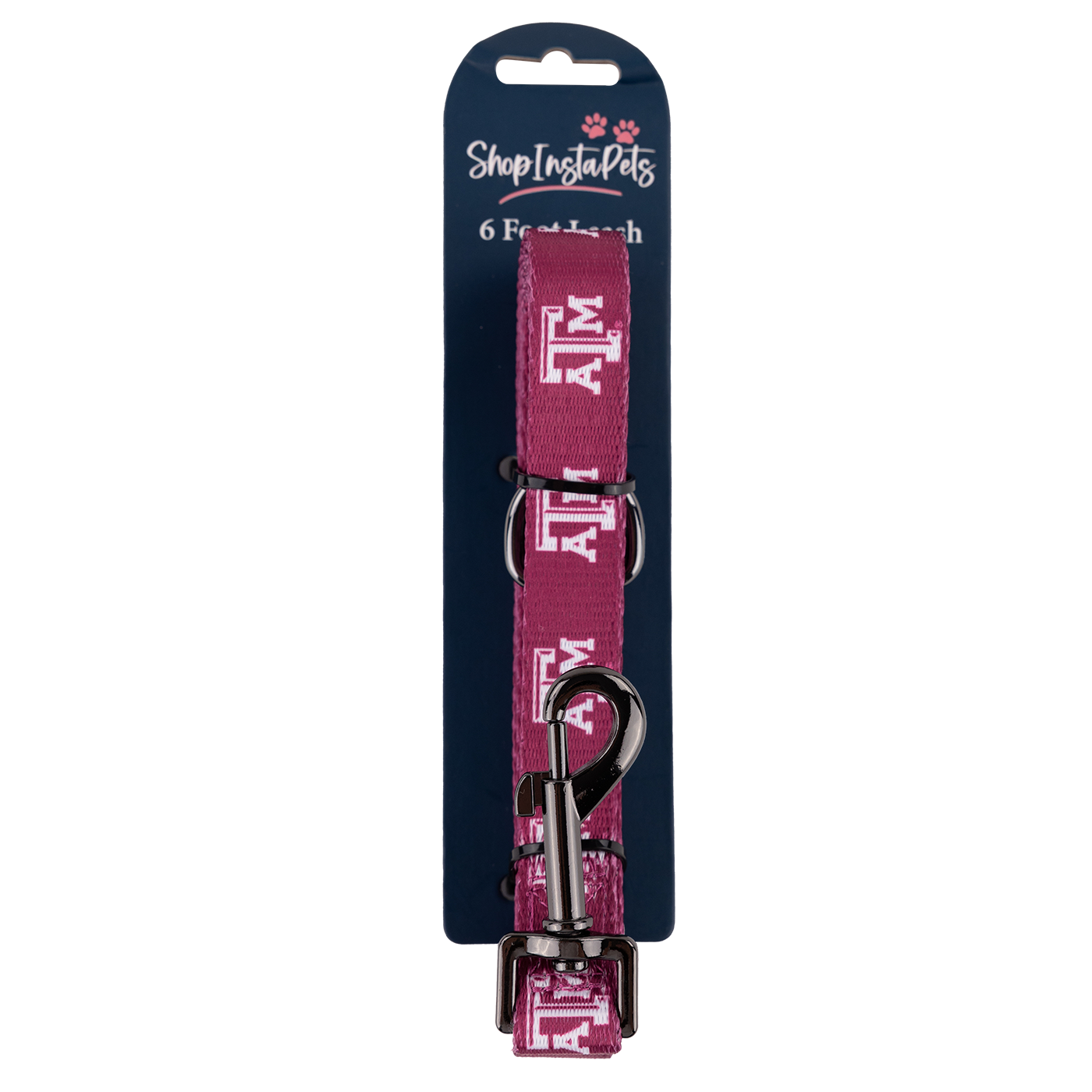 A maroon dog leash with white A&M logos printed throughout