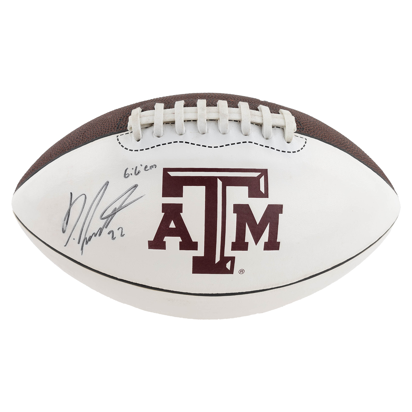 Half white football with maroon beveled ATM logo and Dustin Harris signature