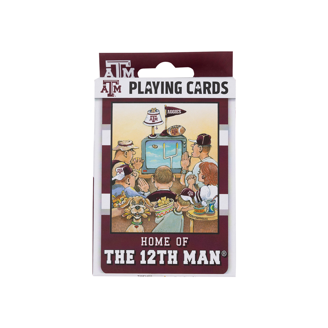 Playing cards packaging with a graphic of people around a table and text 'Home of the 12th Man'