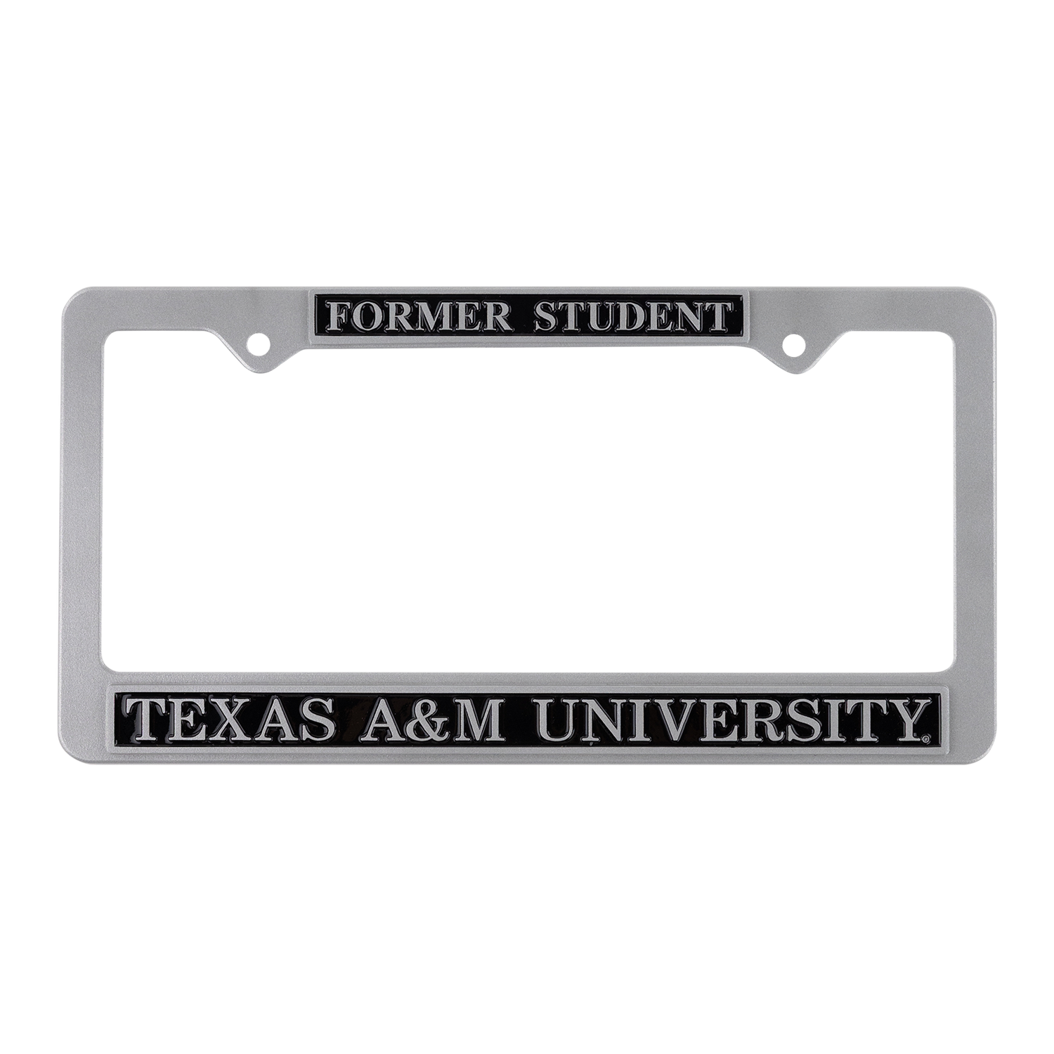 Silver license plate with "TEXAS A&M UNIVERSITY FORMER STUDENT"