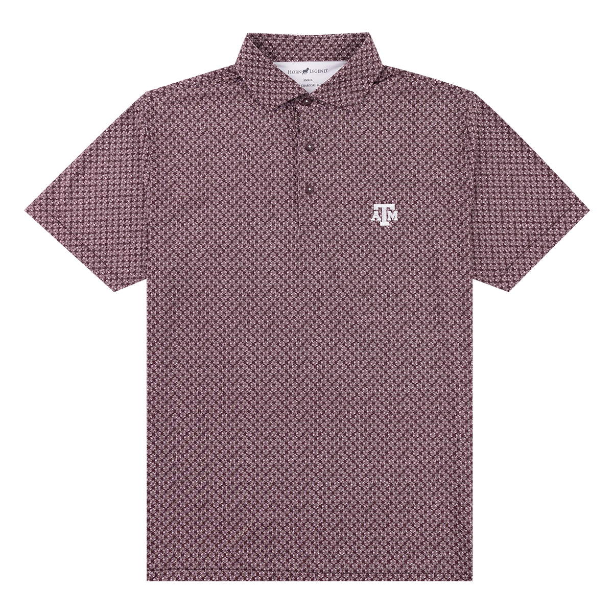 Maroon polo with light gray petals. White ATM logo on the left side of the chest.