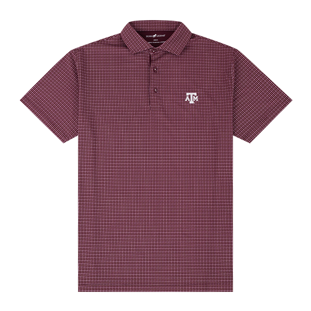 Maroon window pane patterned polo with white ATM logo on the left side of the chest