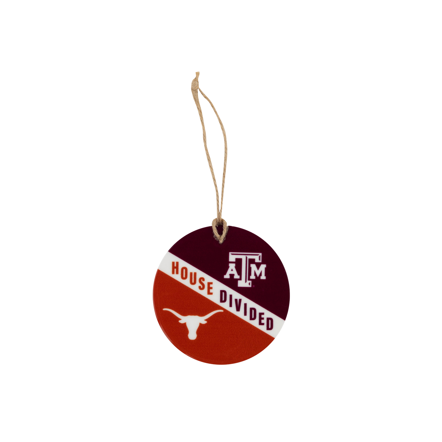 Round ornament with Texas A&M logo and 'House Divided' text