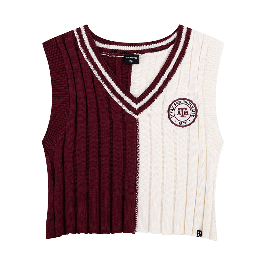 Maroon and cream color block cropped vest with Texas A&M University seal on the left side of the chest