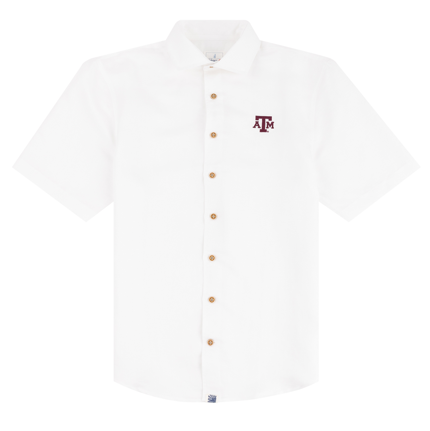 White short sleeve button down with brown buttons and maroon ATM logo on the left side of the chest