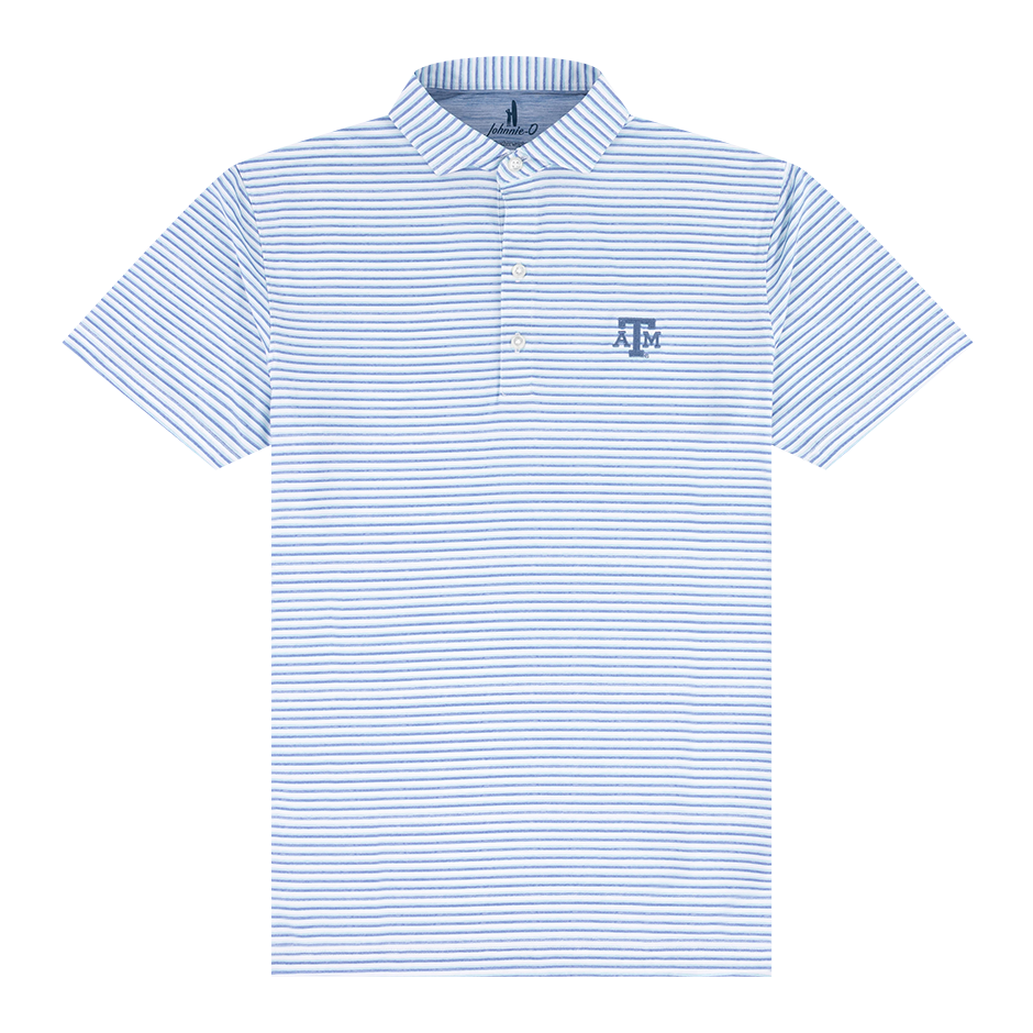 Light blue striped polo shirt with the Texas A&M logo embroidered on the upper left chest.