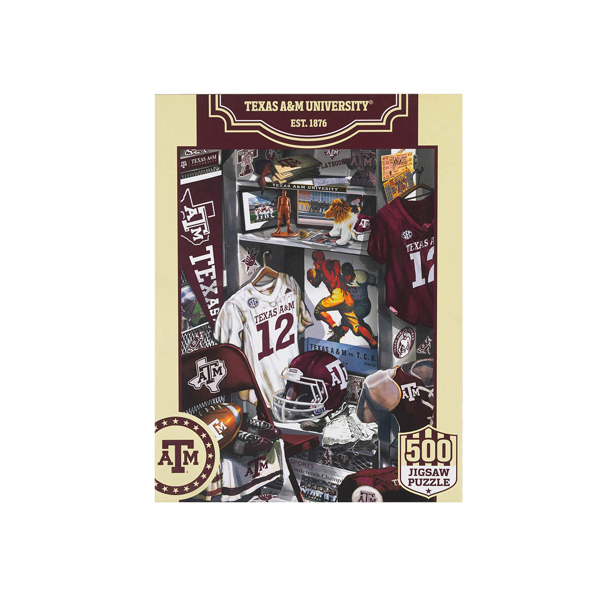 Jigsaw puzzle box featuring Texas A&M University memorabilia