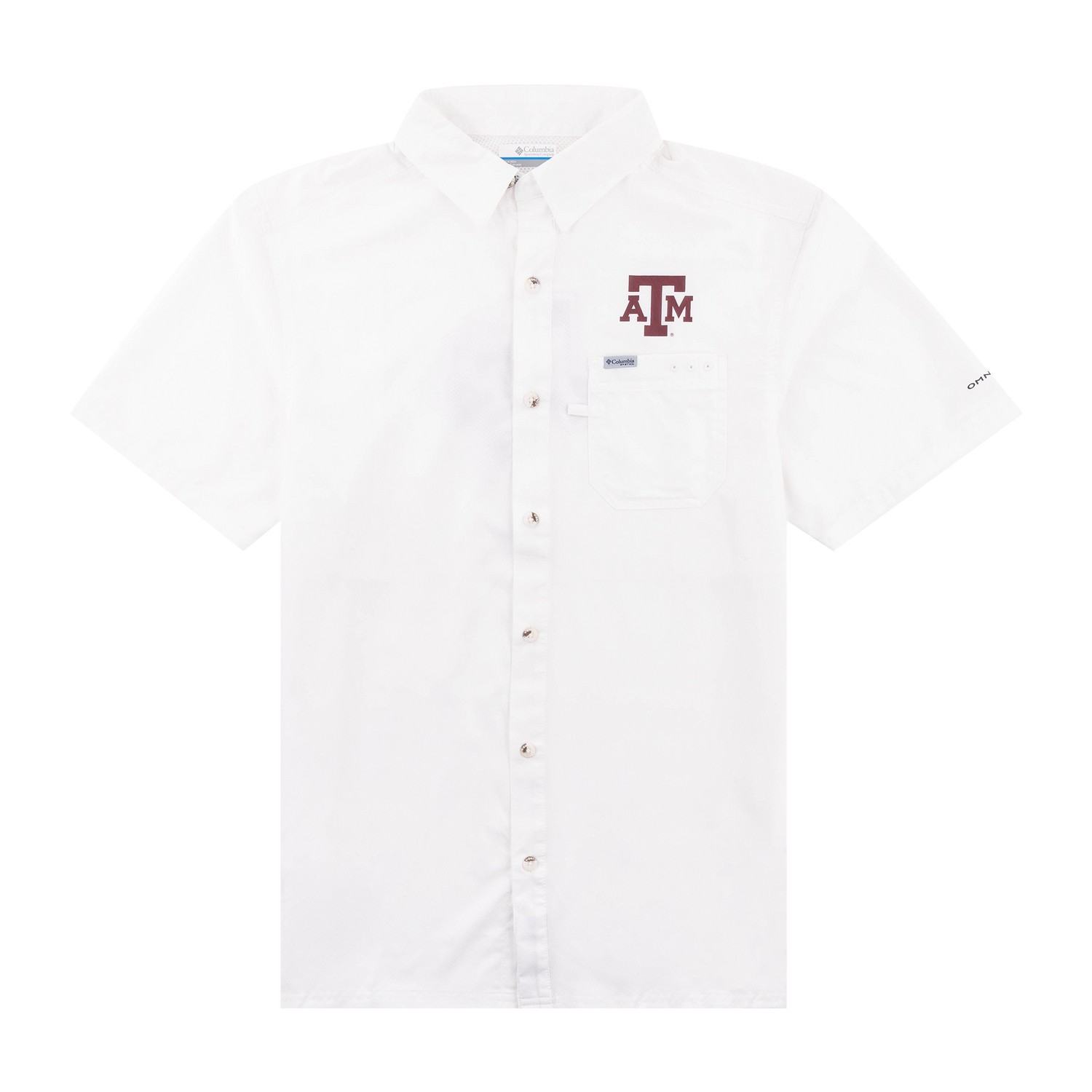 White button down with maroon ATM logo on left side of the chest