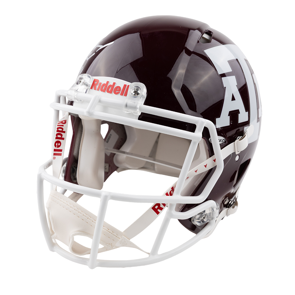 Maroon football helmet with white ATM logo and autograph of quarterback Marcel Reed