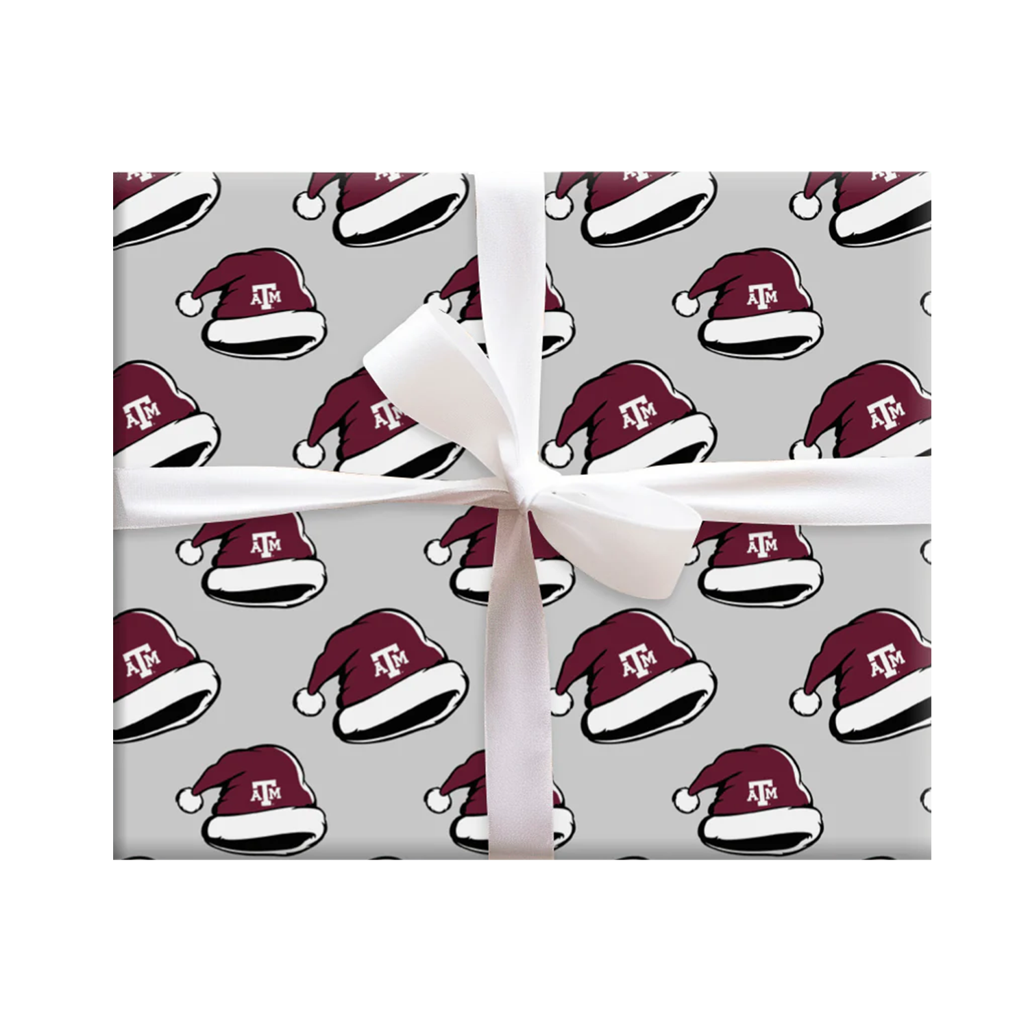 Gray wrapping paper with maroon Santa hats with the Texas A&M logo in white.