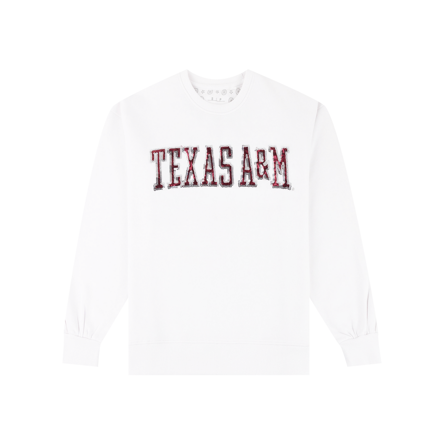 White sweatshirt with "TEXAS A&M" in maroon sequins