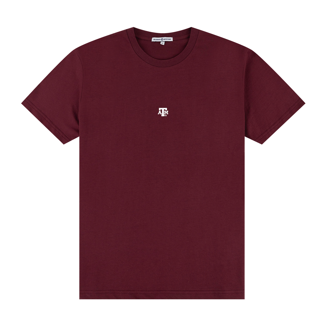 Maroon T-shirt with the Texas A&M emblem on the middle of the chest in white.