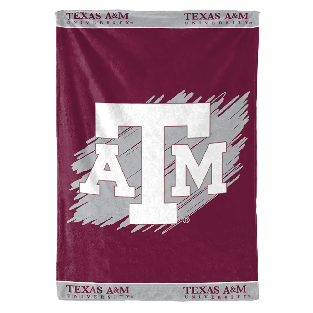 Maroon and gray dog blanket with white ATM logo and "Texas A&M University" in maroon