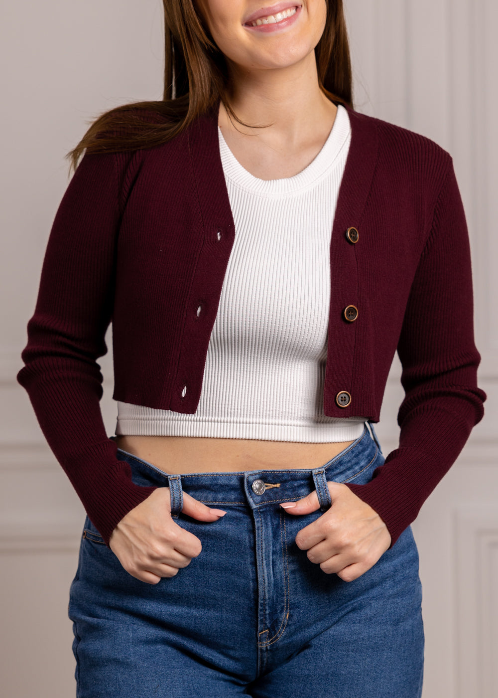 Maroon Tito Button Knit Cropped Cardigan