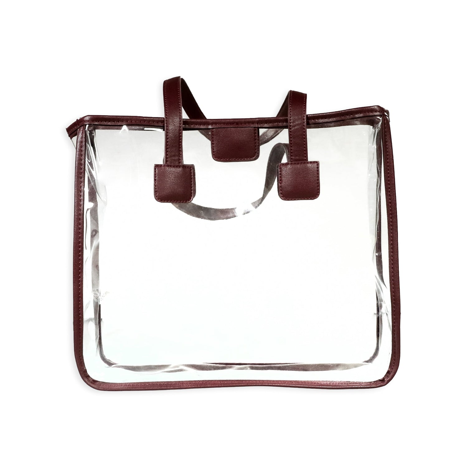 Maroon Leather Strap Clear Tote