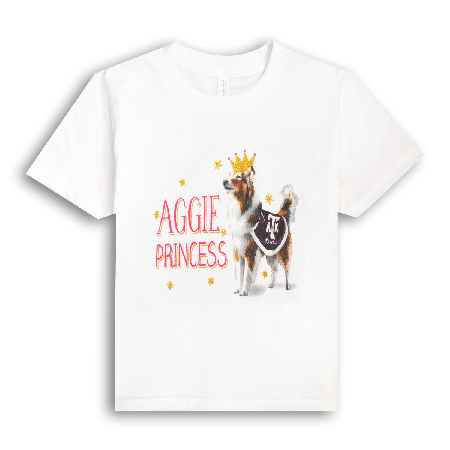 White t-shirt with "AGGIE PRINCESS" in pink with a graphic of Reveille.