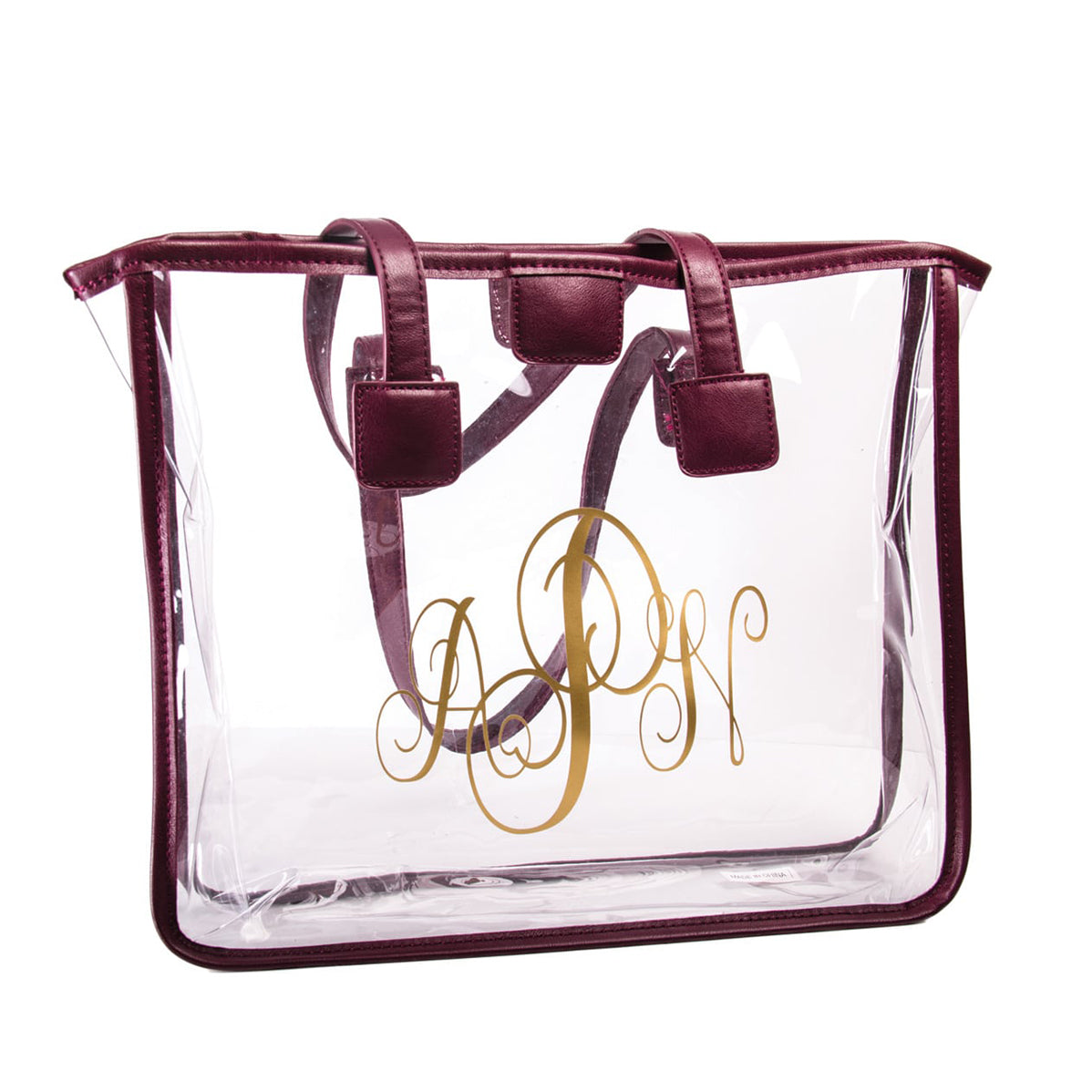 Maroon Leather Strap Clear Tote