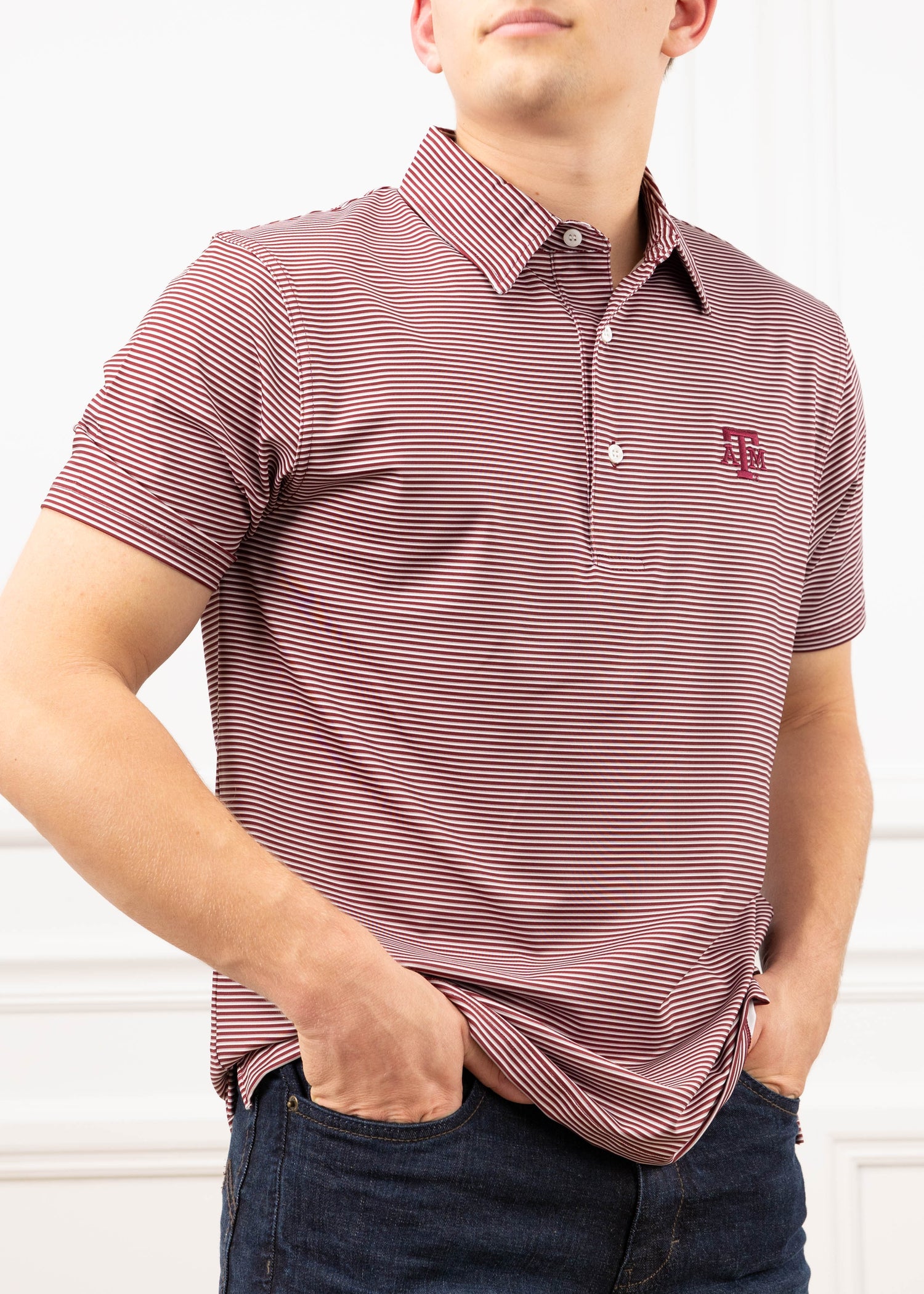 Texas A&M Maroon & Thin White Stripe Polo