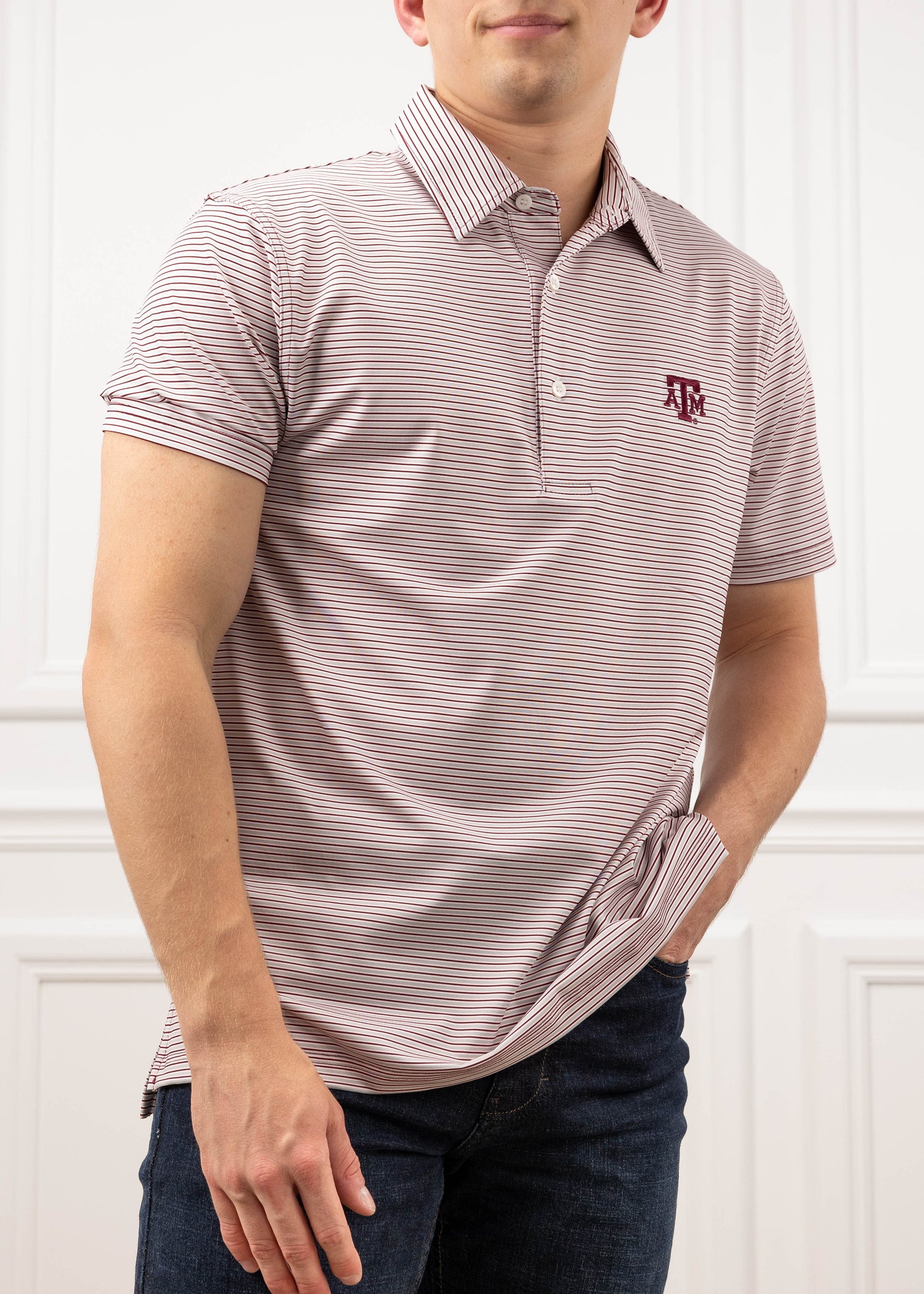 Texas A M Tri Color Striped Polo L Maroon White Grey