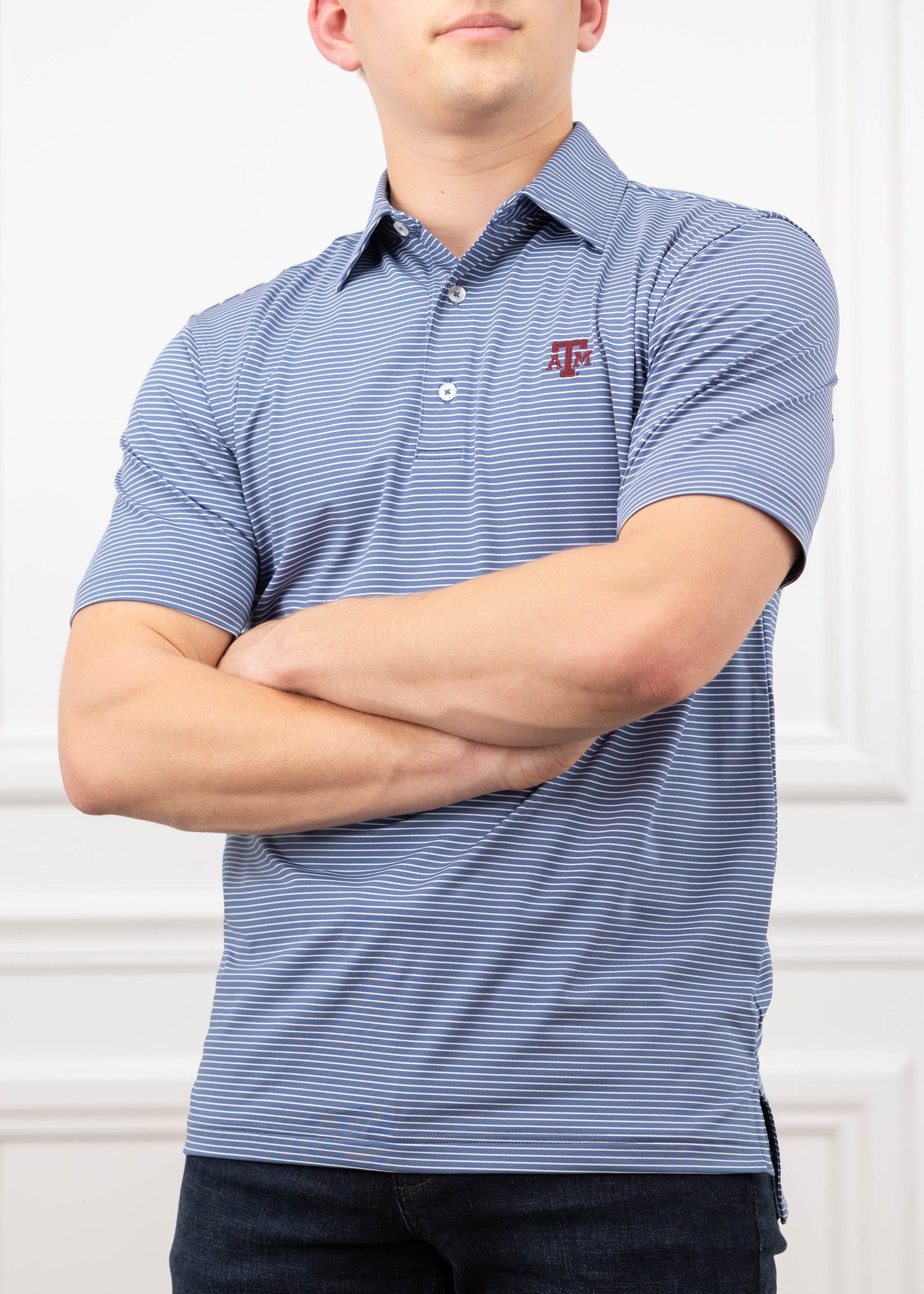 Texas A&M Driver Blue & White Stripe Performance Polo